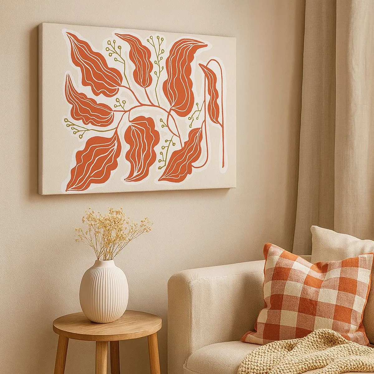 Canvas picture - A minimalist leaf motif in shades of orange and green. - 70x50cm - Folk and Coral - Modern wall decoration for the living room and bedroom ARTTOR