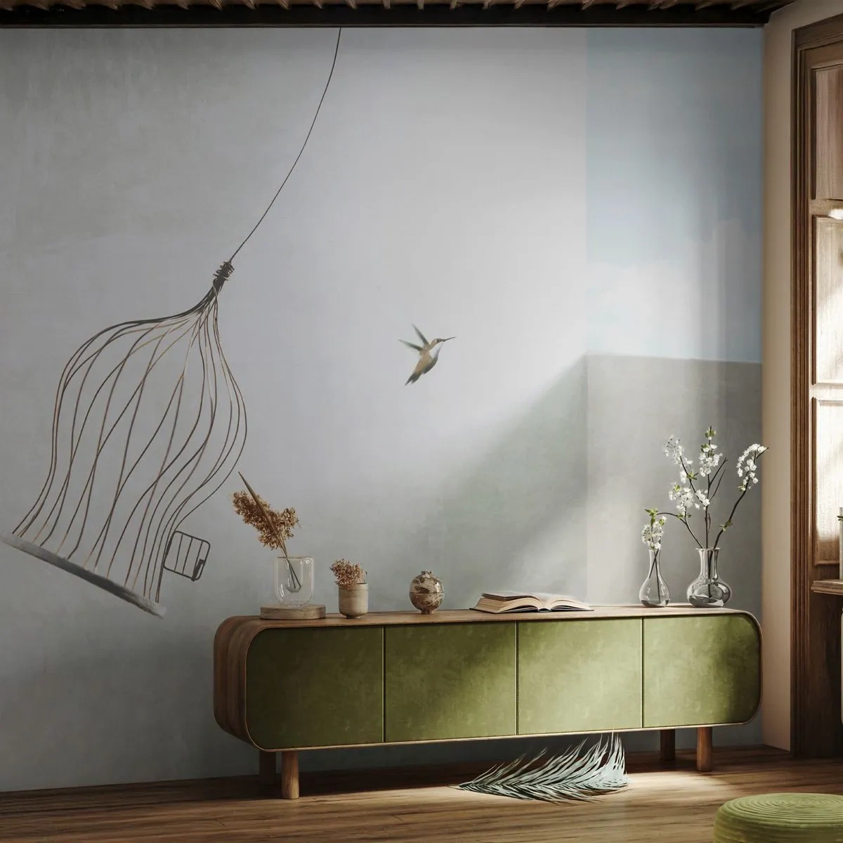 Self-Adhesive Photo Wallpaper Deluxe Sticker - In His Element - Abstraction, Bird, Bird cage - 200x140 cm