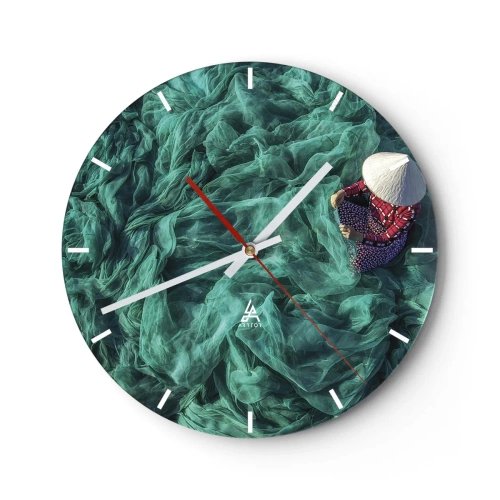 Wall clock - Clock on glass - A person wearing a traditional hat against a background of green nets. - 30x30cm - In the Sea of Nets - Modern wall decoration for the living room, kitchen, and bedroom ARTTOR