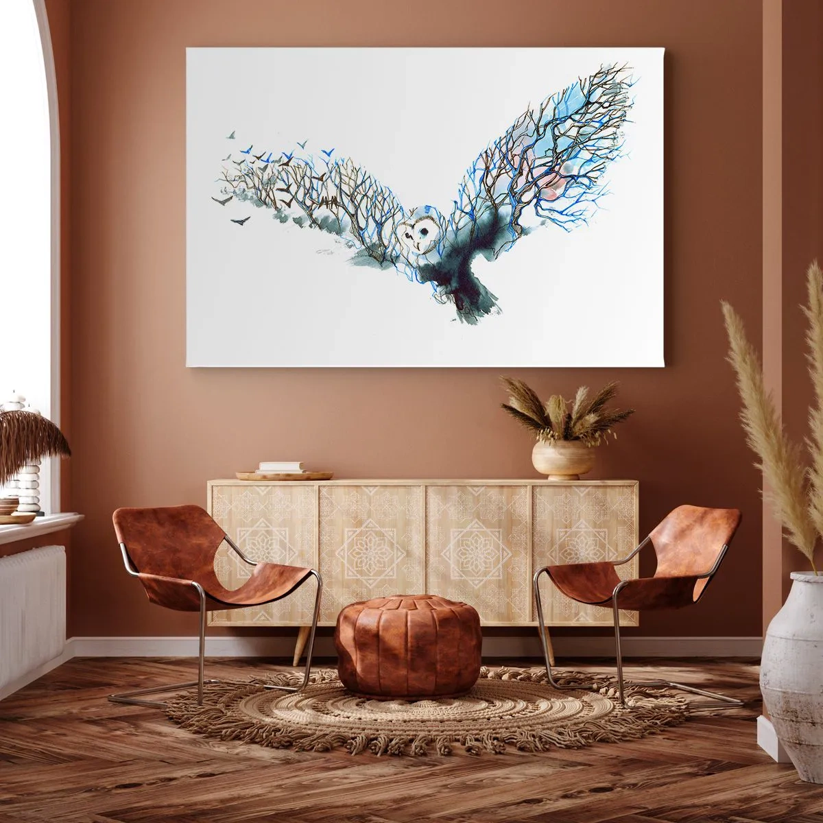 Canvas picture - Artistic graphic of an owl with spread wings - 70x50cm - On Wings of a Forest - Modern wall decoration for the living room and bedroom ARTTOR