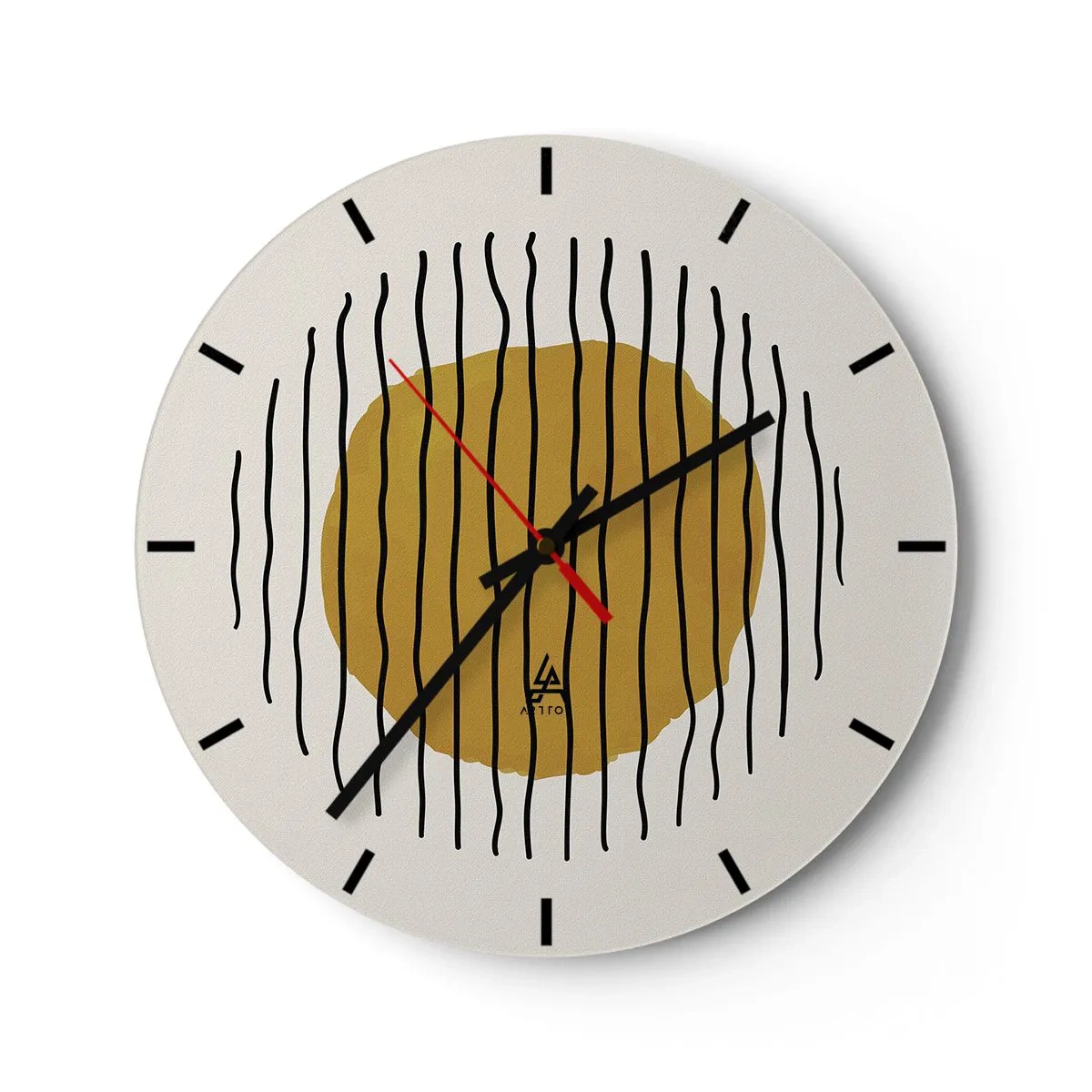 Wall clock - Clock on glass - A yellow-orange circle surrounded by black wavy lines - 30x30cm - Abstract Shivering from Heat - Modern wall decoration for the living room, kitchen, and bedroom ARTTOR