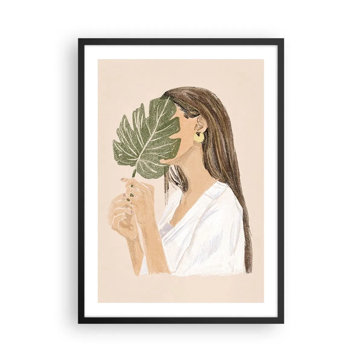 Poster in black frame - A woman covering her face with a monstera leaf. - 50x70cm - Mysterious Portrait with a Fan - Modern wall decoration for the living room and bedroom ARTTOR
