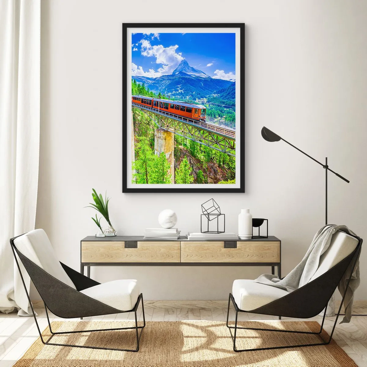 Poster in black frame - train on a bridge in the Alps with a view of the Matterhorn - 50x70cm - Train Through the Alps - Modern wall decoration for the living room and bedroom ARTTOR