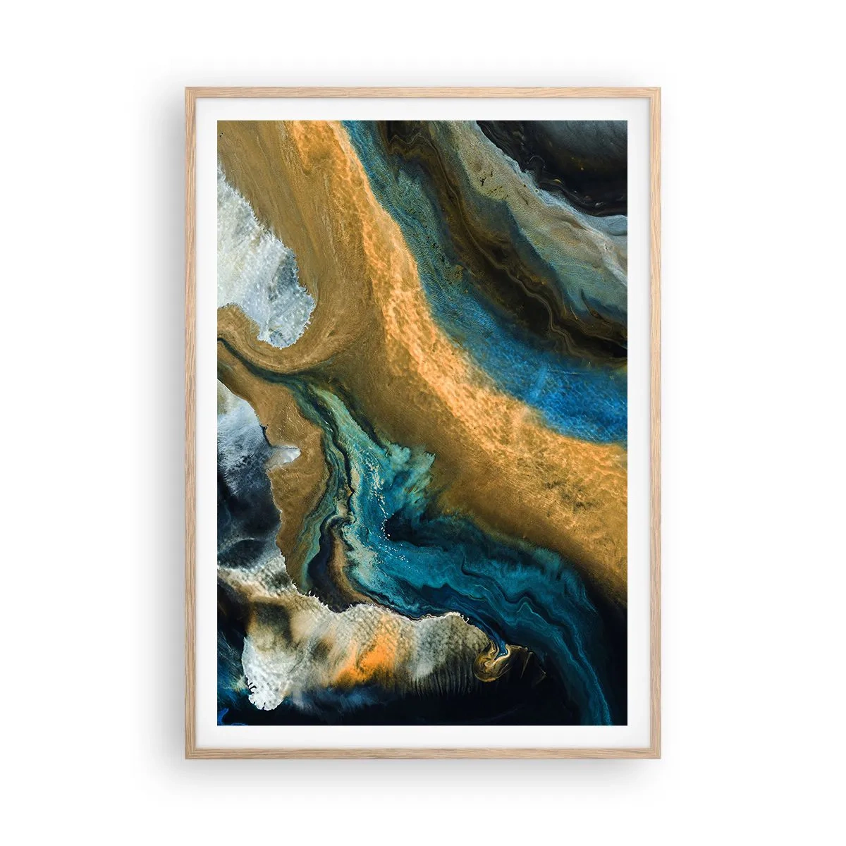 Poster in light oak frame - Blue -Yellow - Mutal Influences - 70x100 cm