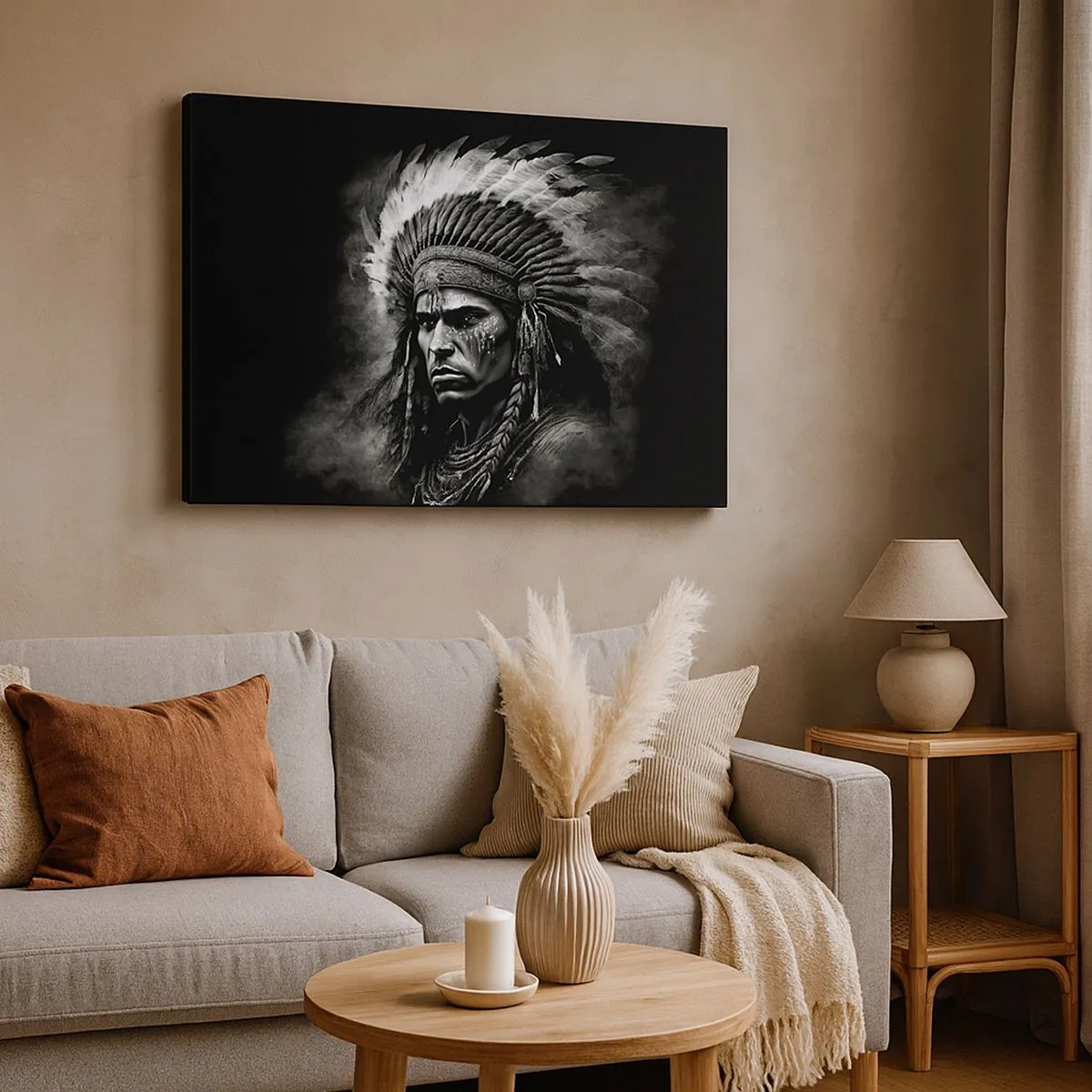 Canvas picture - Portrait of a chief in a feathered headdress against a black background - 70x50cm - Chief and Warrior - Modern wall decoration for the living room and bedroom ARTTOR