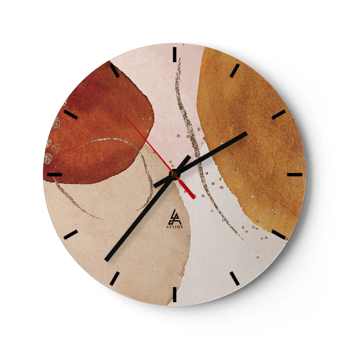 Wall clock - Clock on glass - Abstract composition with earthy color spots - 30x30cm - Roundness and Movement - Modern wall decoration for the living room, kitchen, and bedroom ARTTOR