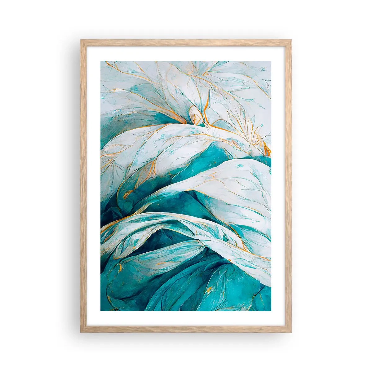 Poster in light oak frame - Blue Abstract with a Golden Motif - 50x70 cm