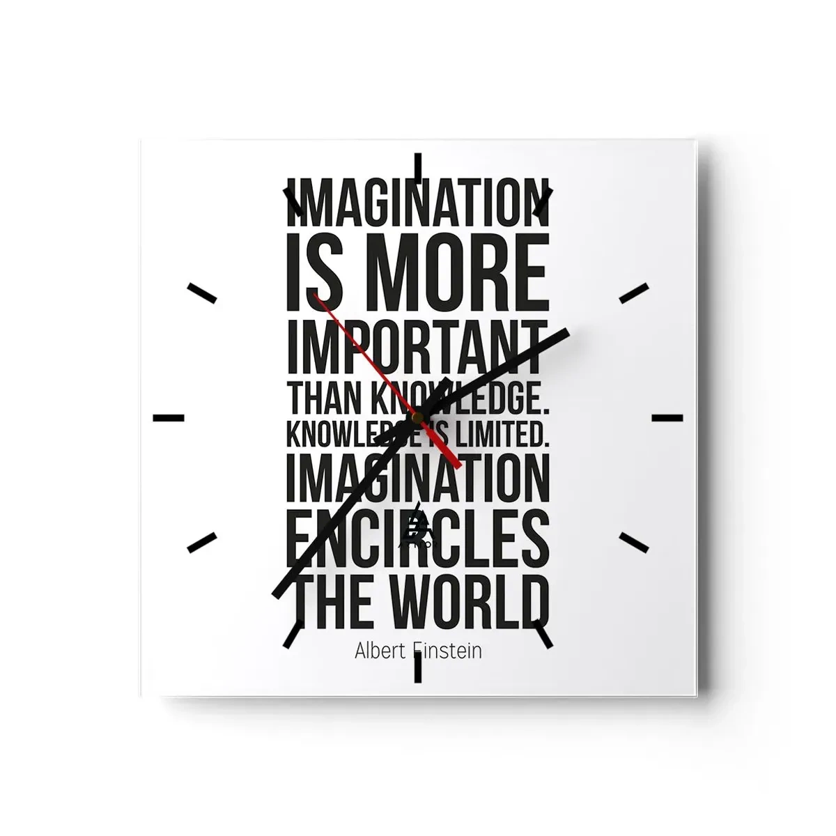 Wall clock - Clock on glass - Einstein about Power of Imagination - 40x40 cm