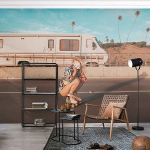 Photo Wallpaper Standard Eco - Smile, Please! - Landscape, Camper, Woman - 200x140 cm