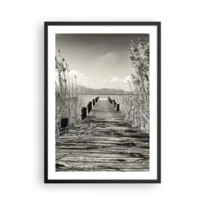 Poster in black frame - A wooden bridge among the reeds over a sepia-toned lake - 50x70cm - In the Grass - Modern wall decoration for the living room and bedroom ARTTOR