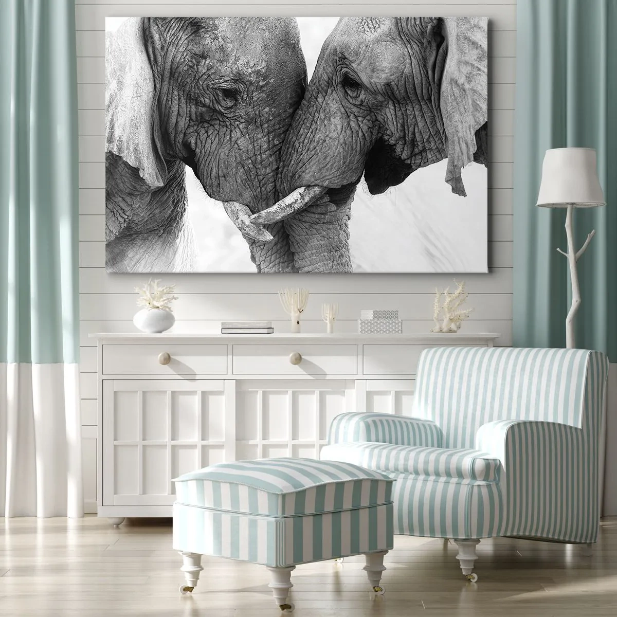 Canvas picture - Two elephants in a tender gesture against a monochrome background - 70x50cm - Hearty Confession - Modern wall decoration for the living room and bedroom ARTTOR