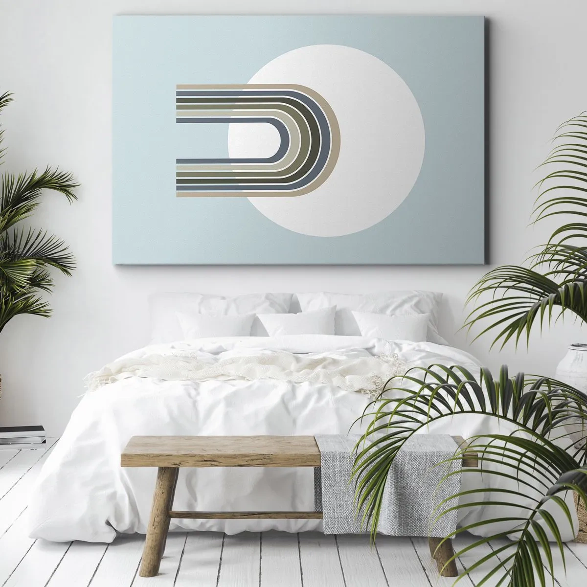 Canvas picture - A minimalist composition with a circle and lines on a pastel background. - 70x50cm - Irresistible Attraction - Modern wall decoration for the living room and bedroom ARTTOR