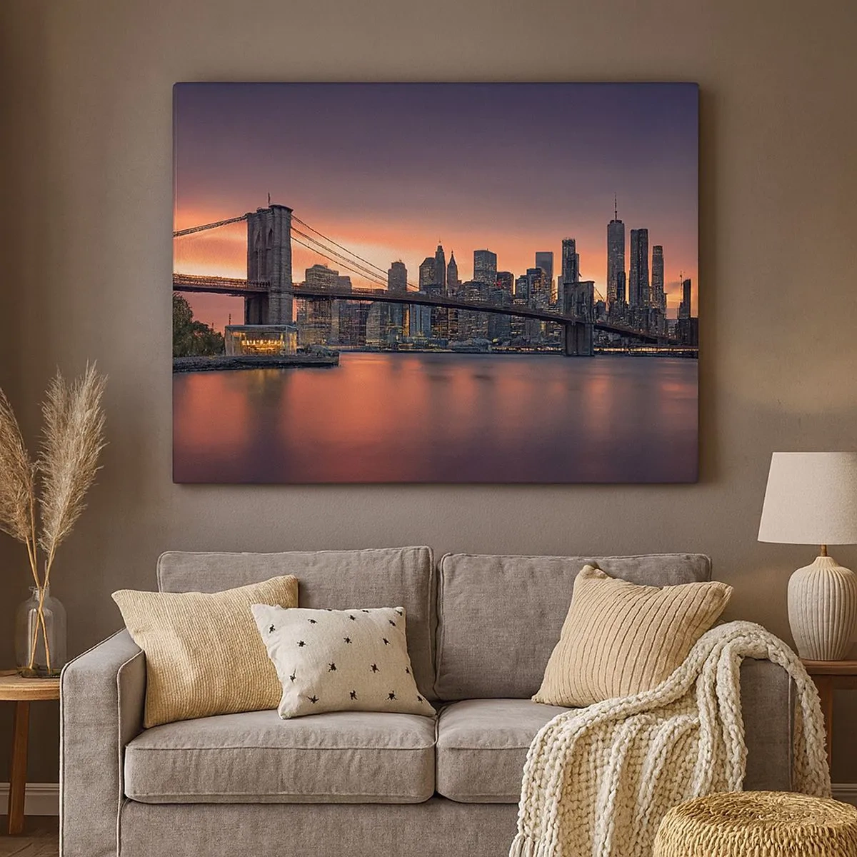 Canvas picture - Night panorama of the city with a bridge and an illuminated sky - 70x50cm - Submerged in Lilac Silence - Modern wall decoration for the living room and bedroom ARTTOR