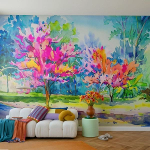 Photo Wallpaper Standard Eco - Colorful trees in a watercolor landscape - 100x70cm - Rainbow Garden in Spring Light - Modern wall decoration for the living room and bedroom ARTTOR