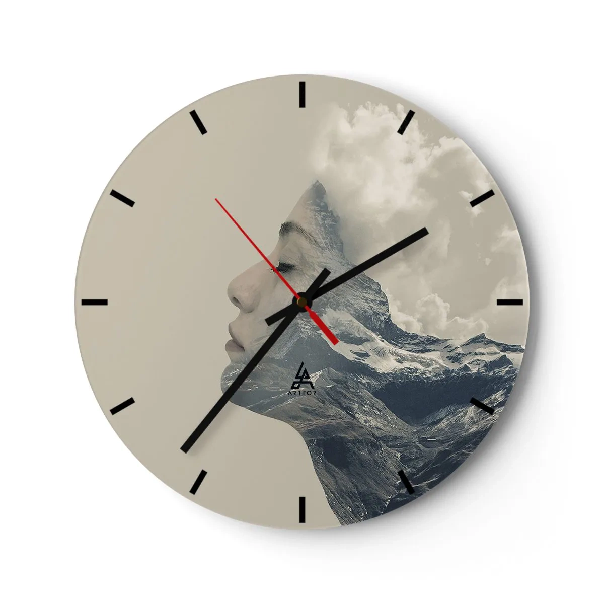Wall clock - Clock on glass - A woman's face intertwined with a mountain landscape - 30x30cm - Beauty of Elements - Modern wall decoration for the living room, kitchen, and bedroom ARTTOR