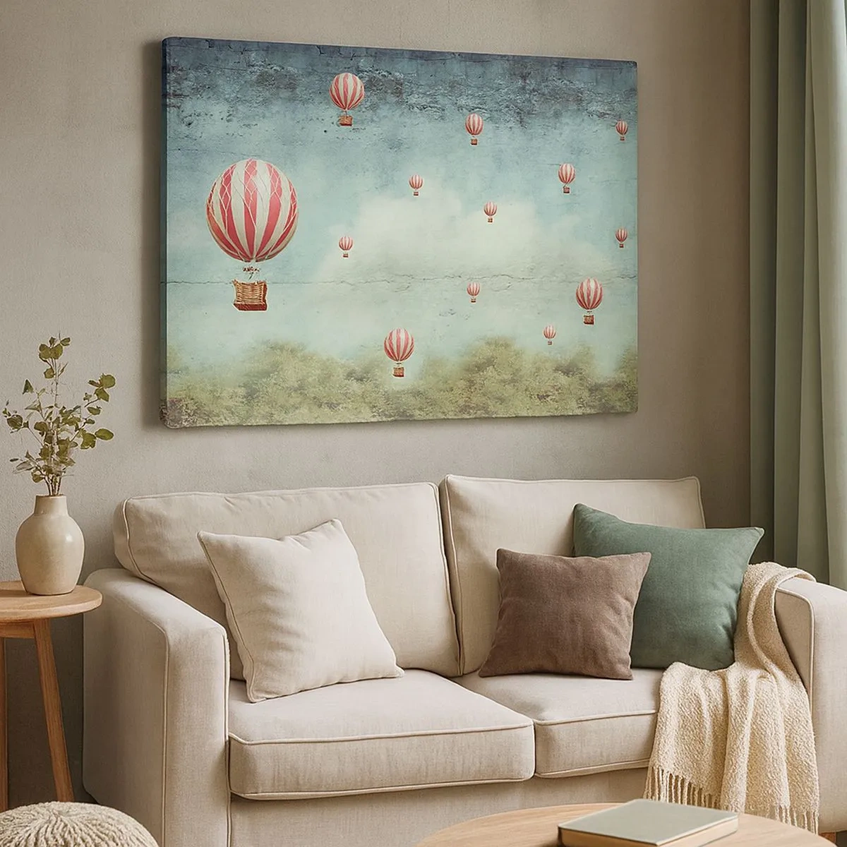 Canvas picture - Retro balloons against a blue sky and greenery background - 70x50cm - Free from Noise of Life - Modern wall decoration for the living room and bedroom ARTTOR