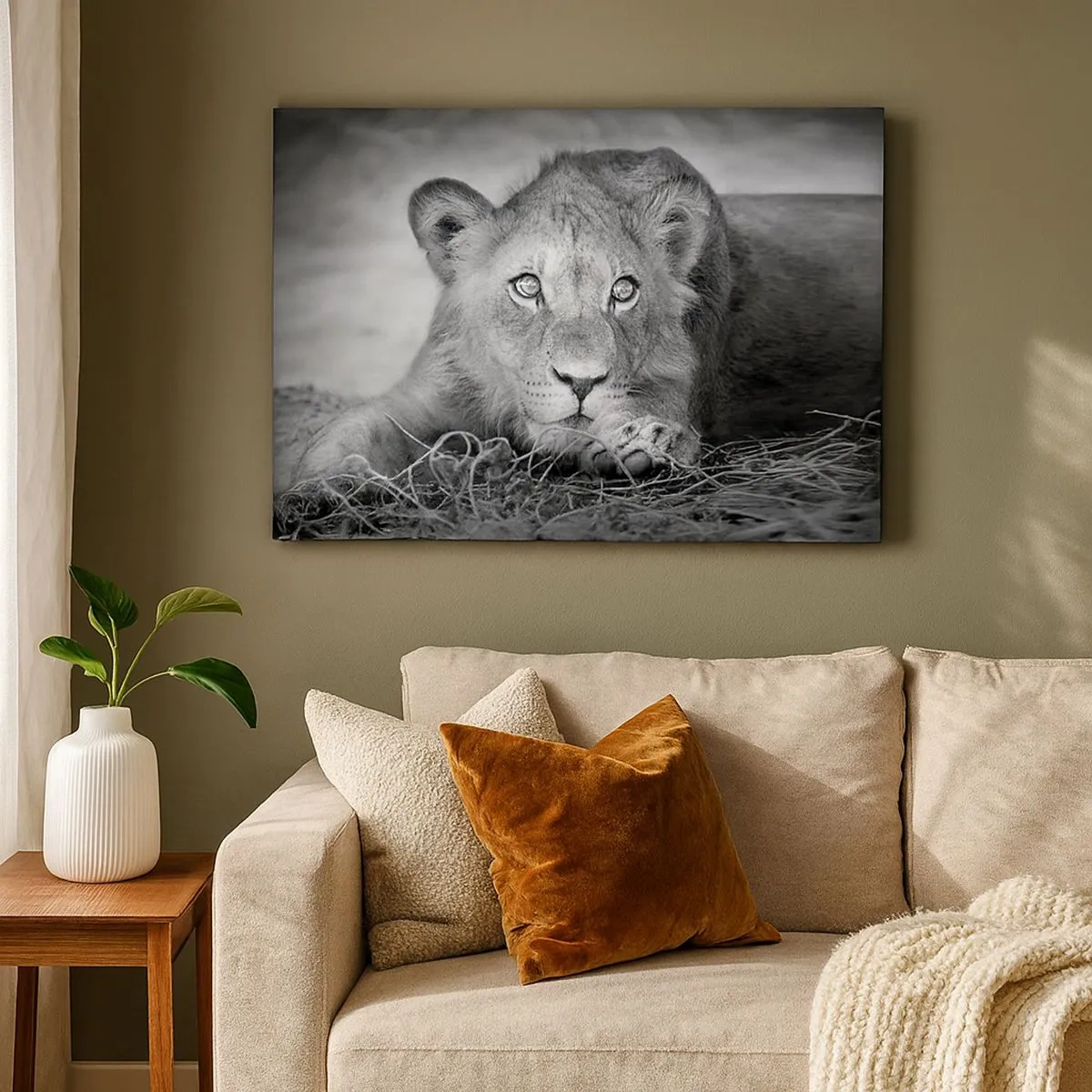 Canvas picture - Monochrome portrait of a lying young lion - 70x50cm - Royal Puppy - Modern wall decoration for the living room and bedroom ARTTOR
