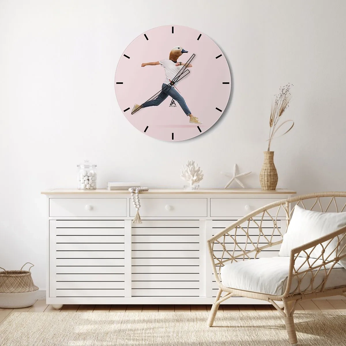 Wall clock - Clock on glass - A figure in motion with a bird's head against a light background - 30x30cm - Pinch of Absurd - Modern wall decoration for the living room, kitchen, and bedroom ARTTOR