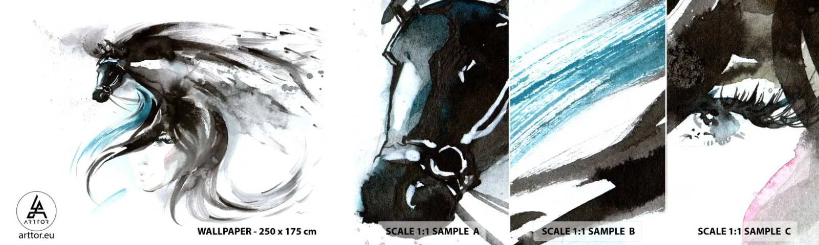 Photo Wallpaper Sample Self-Adhesive Deluxe Sticker - Gallop of a Black Prince - Animals, Horse, Graphics - 100x30 cm