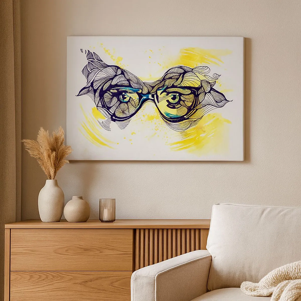 Canvas picture - Artistic graphics of glasses with expressive eyes - 70x50cm - Through Blue Glasses - Modern wall decoration for the living room and bedroom ARTTOR