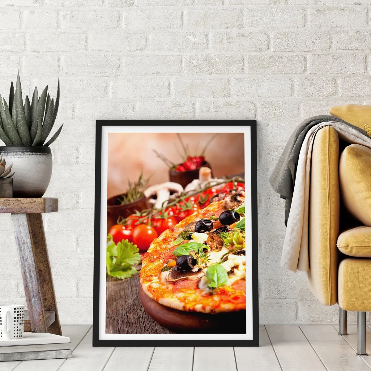 Poster in black frame - Pizza with olives and herbs with fresh ingredients - 50x70cm - Earthly Ingredients - Modern wall decoration for the living room and bedroom ARTTOR