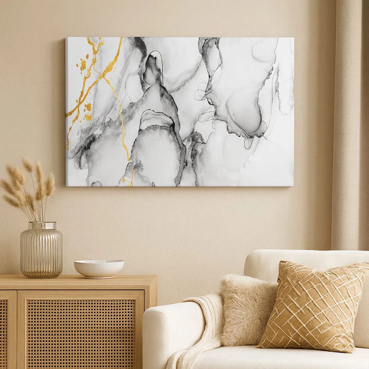 Canvas picture - Abstract black and white patterns with gold accents - 70x50cm - Composition with a Golden Motif - Modern wall decoration for the living room and bedroom ARTTOR