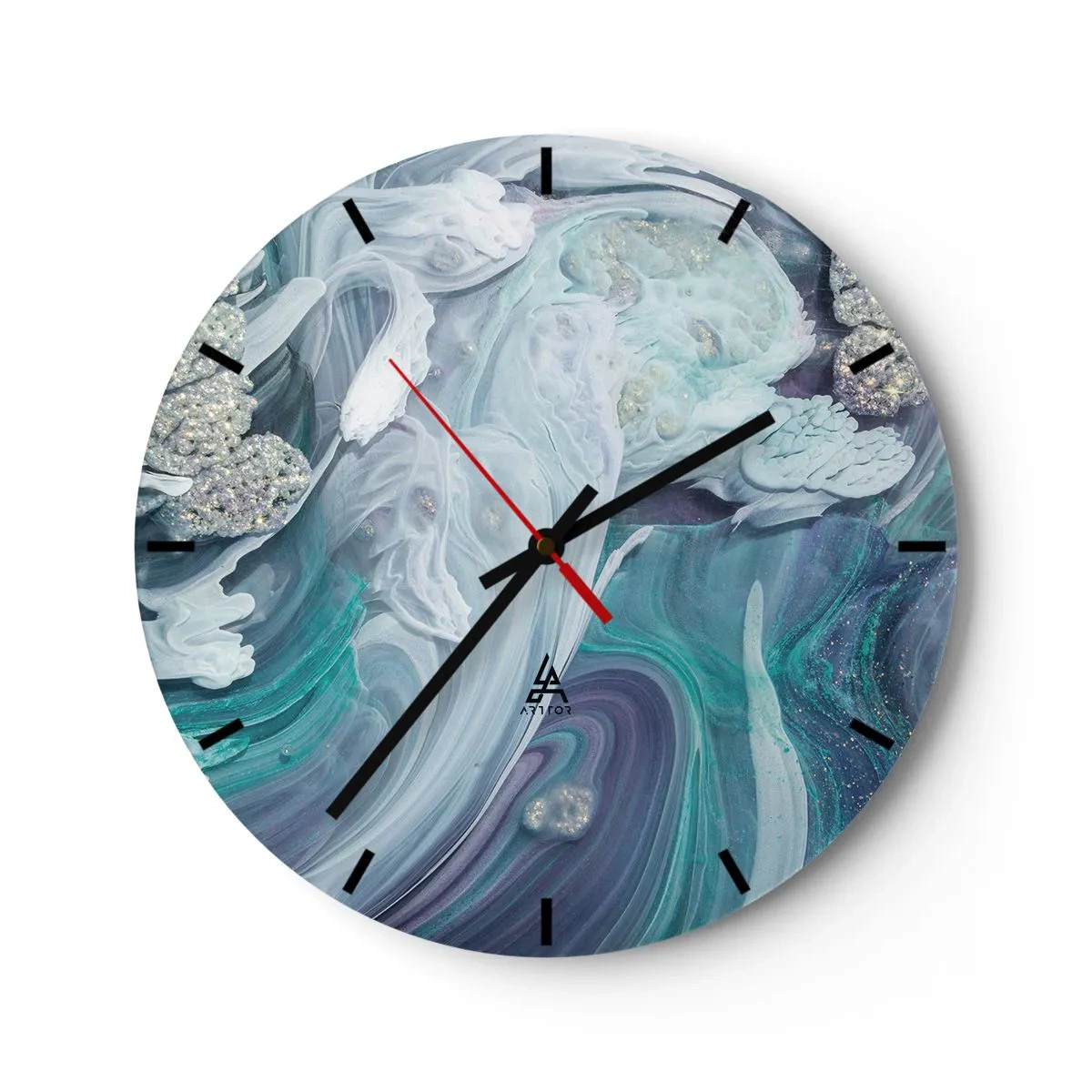 Wall clock - Clock on glass - An abstract composition in blues and turquoises with glitter. - 30x30cm - Currents of Blue - Modern wall decoration for the living room, kitchen, and bedroom ARTTOR