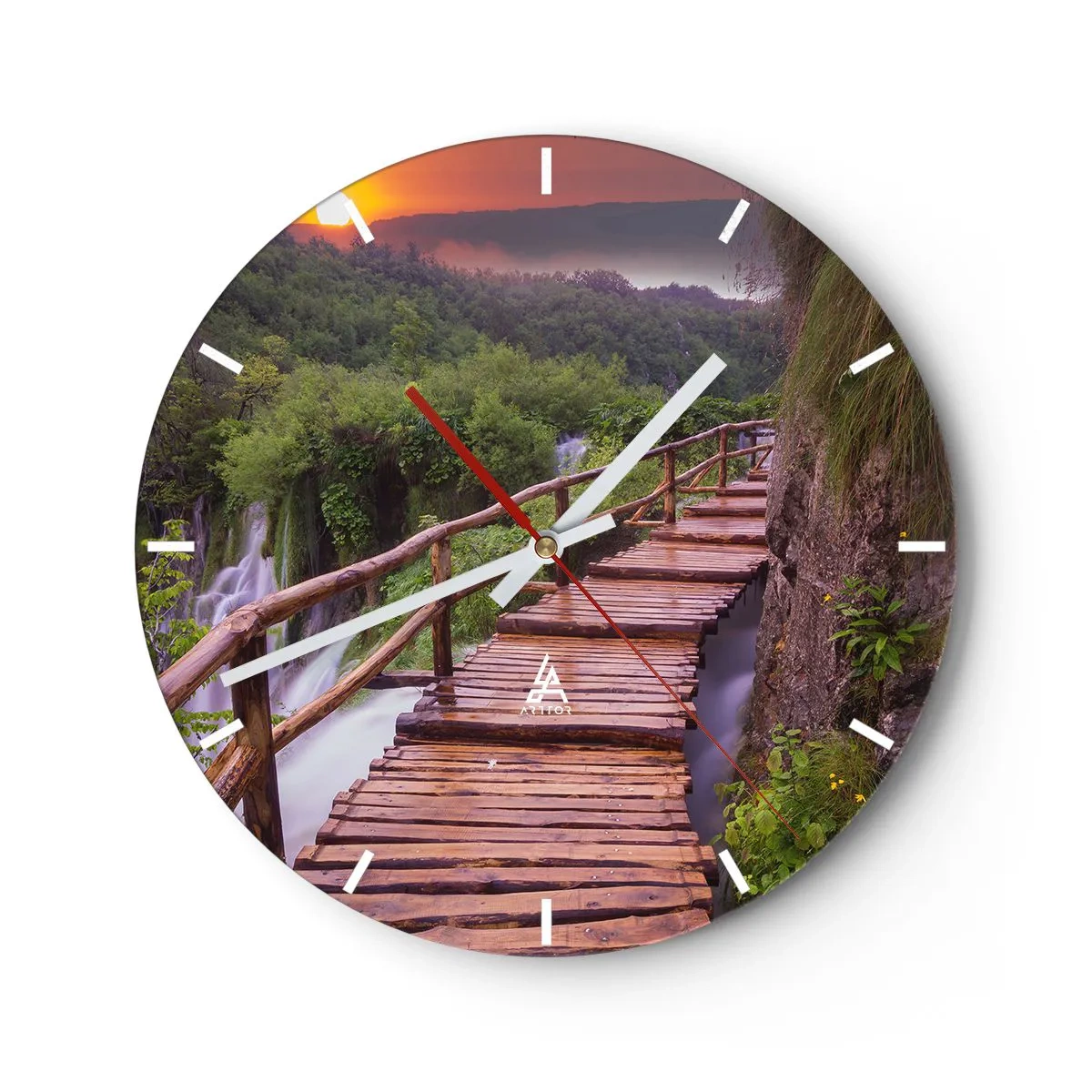 Wall clock - Clock on glass - Wooden footbridge over waterfalls in the forest at sunset - 30x30cm - Unbelievable Beauty - Modern wall decoration for the living room, kitchen, and bedroom ARTTOR