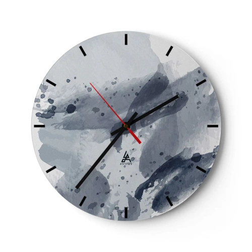 Wall clock - Clock on glass - Blue-gray watercolor-style spots on a light background - 30x30cm - Study in Nature of Water - Modern wall decoration for the living room, kitchen, and bedroom ARTTOR