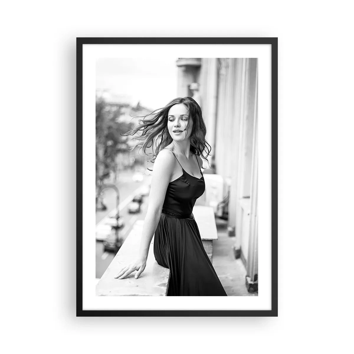 Poster in black frame - Black and white photograph of a woman on a balcony - 50x70cm - Certainly a Parisian - Modern wall decoration for the living room and bedroom ARTTOR