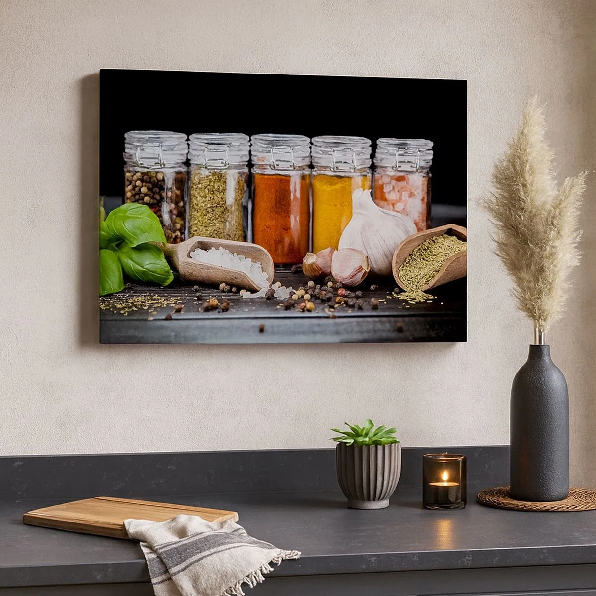 Canvas picture - Herbs and spices in glass jars on a dark background - 70x50cm - Spicing Up Life - Modern wall decoration for the living room and bedroom ARTTOR