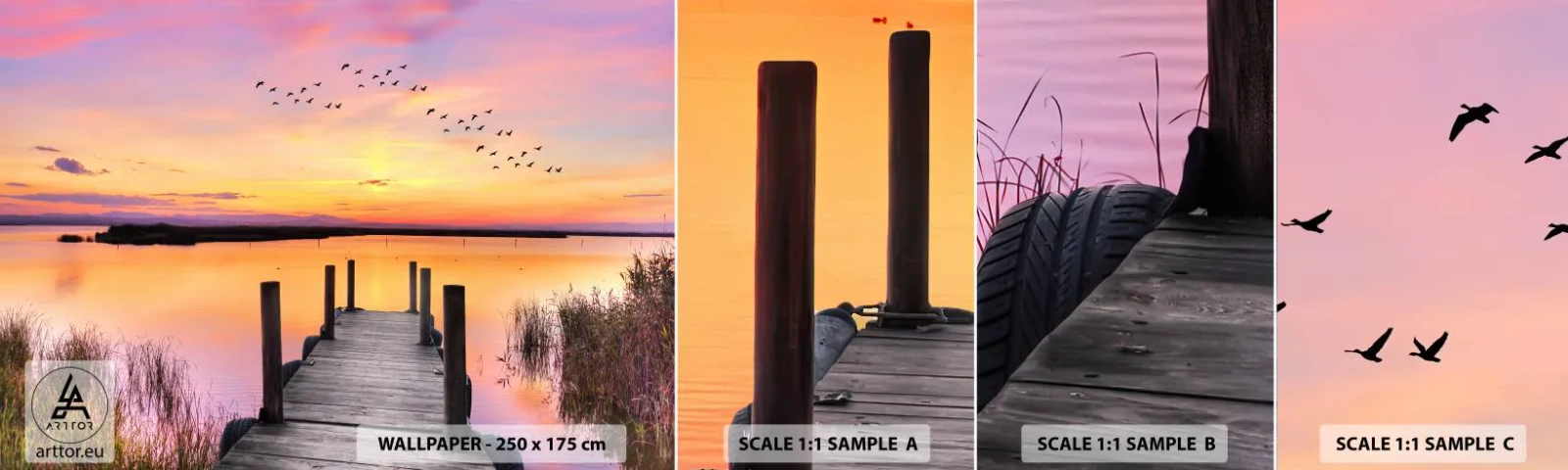 Photo Wallpaper Sample Self-Adhesive Deluxe Sticker - Violet Quiet Dawn - Landscape, Lake, Nature - 100x30 cm