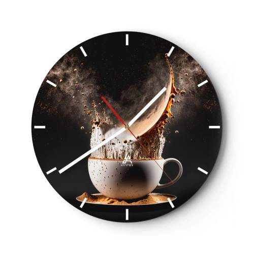 Wall clock - Clock on glass - Coffee exploding from a cup on a black background - 30x30cm - Explosion of Flavour - Modern wall decoration for the living room, kitchen, and bedroom ARTTOR