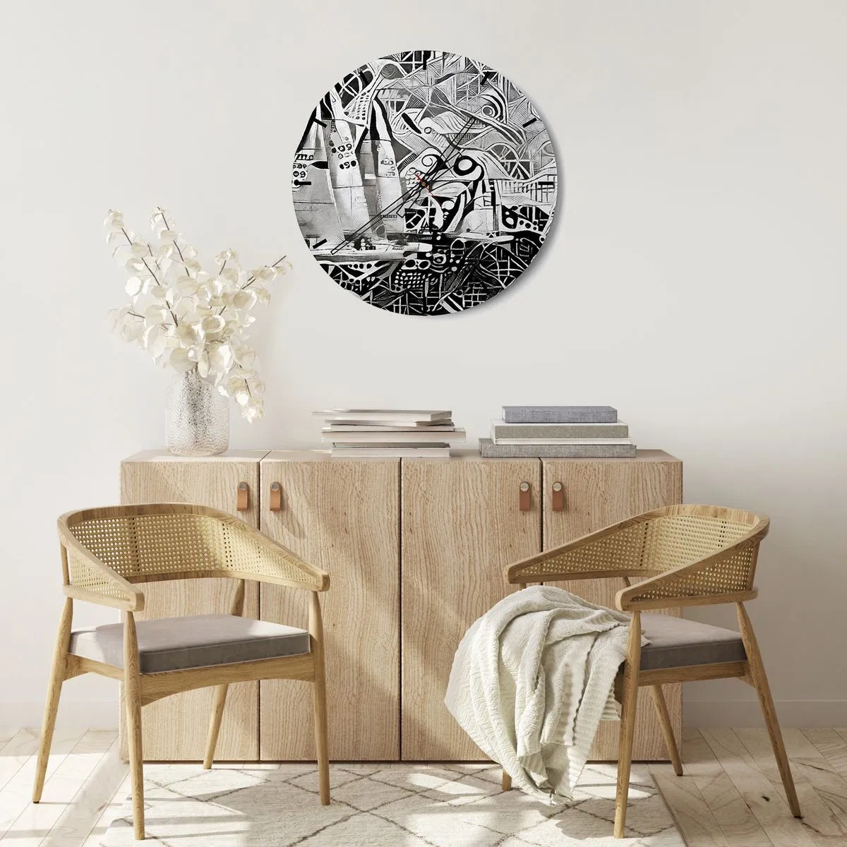 Wall clock - Clock on glass - Black and white abstract waves with geometric elements - 30x30cm - Between Waves - Modern wall decoration for the living room, kitchen, and bedroom ARTTOR