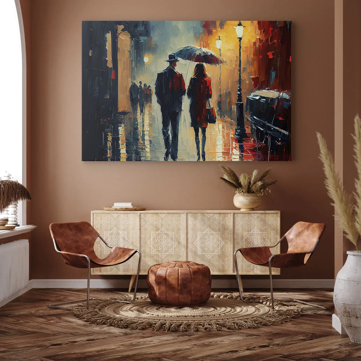 Canvas picture - Walking in the rain under an umbrella in the city at night - 70x50cm - Urban Love Story - Modern wall decoration for the living room and bedroom ARTTOR