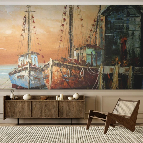 Photo Wallpaper Premium Sand - Calm Return - Fishing boat, Fishing harbor, Piece - 100x70 cm