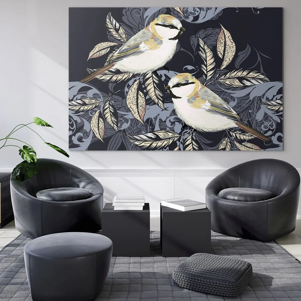 Glass picture - Illustration of two birds on a dark background with ornaments - 70x50cm - Blue and Yellow Chirp - Modern wall decoration for the living room and bedroom ARTTOR