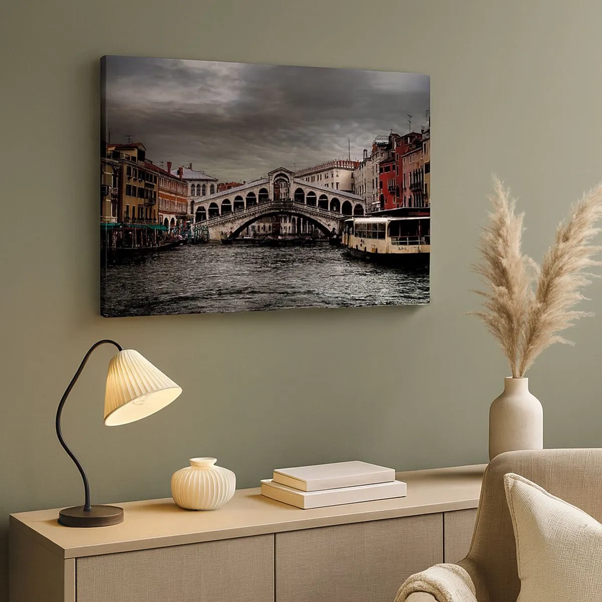 Canvas picture - Rialto Bridge in Venice over the Grand Canal, classical architecture. - 70x50cm - Promise of a Venetian Evening - Modern wall decoration for the living room and bedroom ARTTOR