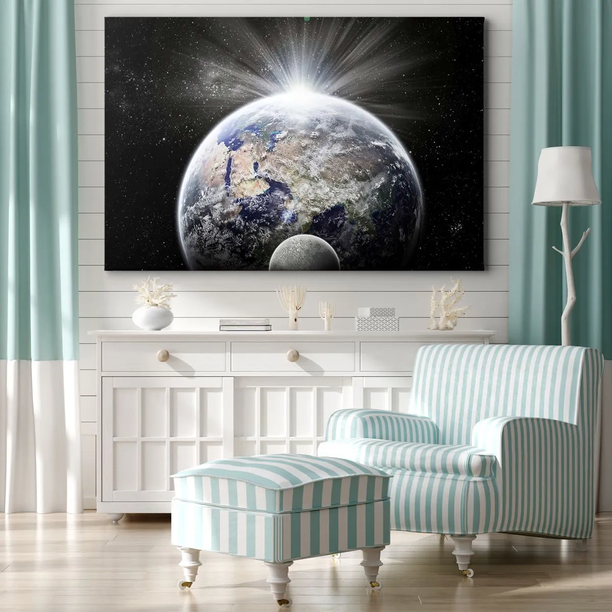 Canvas picture - Earth and Moon illuminated by the glow of space - 70x50cm - In Full Blaze - Modern wall decoration for the living room and bedroom ARTTOR