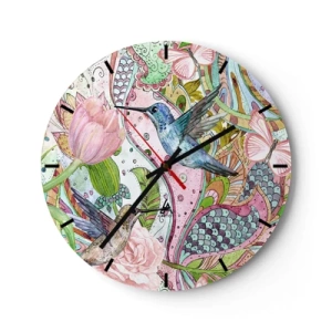 Wall clock - Clock on glass - Colorful hummingbirds and flowers against a backdrop of artistic patterns - 30x30cm - Entwined in the Vines - Modern wall decoration for the living room, kitchen, and bedroom ARTTOR