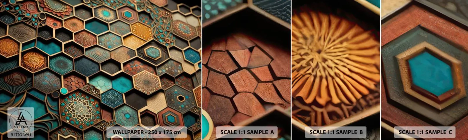 Photo Wallpaper Sample Self-Adhesive Deluxe Sticker - Arabic Ornaments - Variation - Cube, Mosaic, Pattern - 100x30 cm