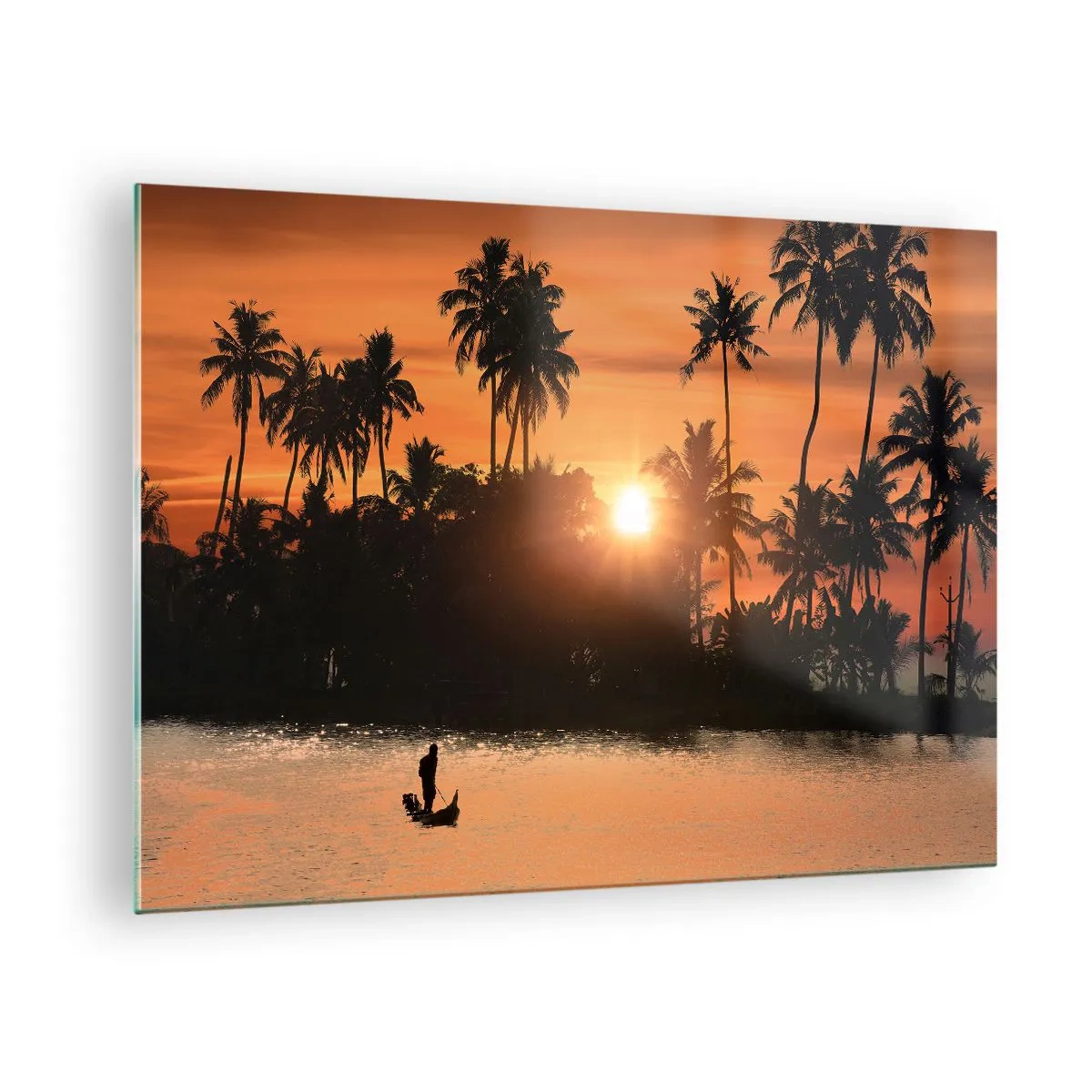 Glass picture - Tropical landscape with palm trees and sunset over the river - 70x50cm - Time for Rest - Modern wall decoration for the living room and bedroom ARTTOR