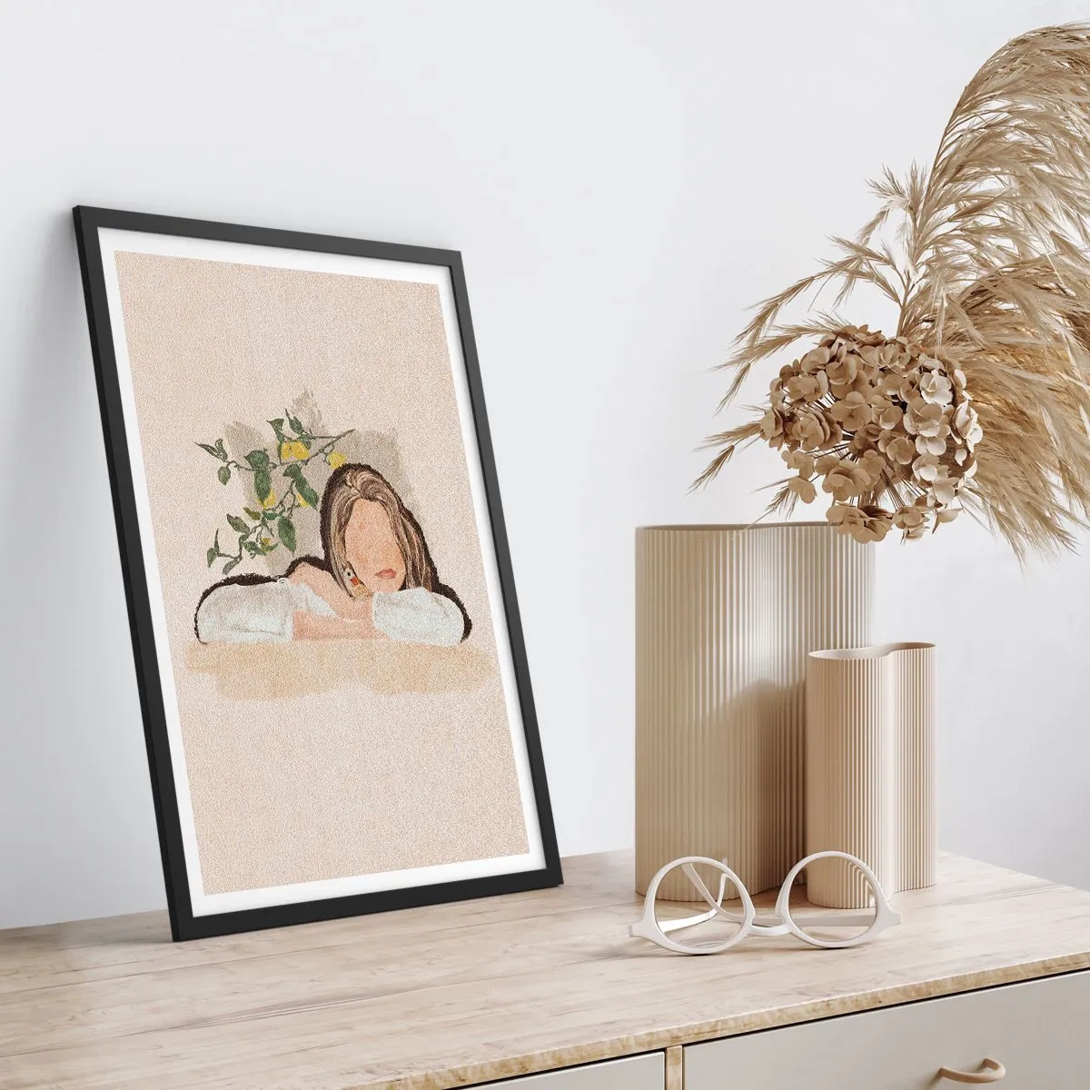 Poster in black frame - pensive figure surrounded by nature - 50x70cm - Beauty of the South - Modern wall decoration for the living room and bedroom ARTTOR