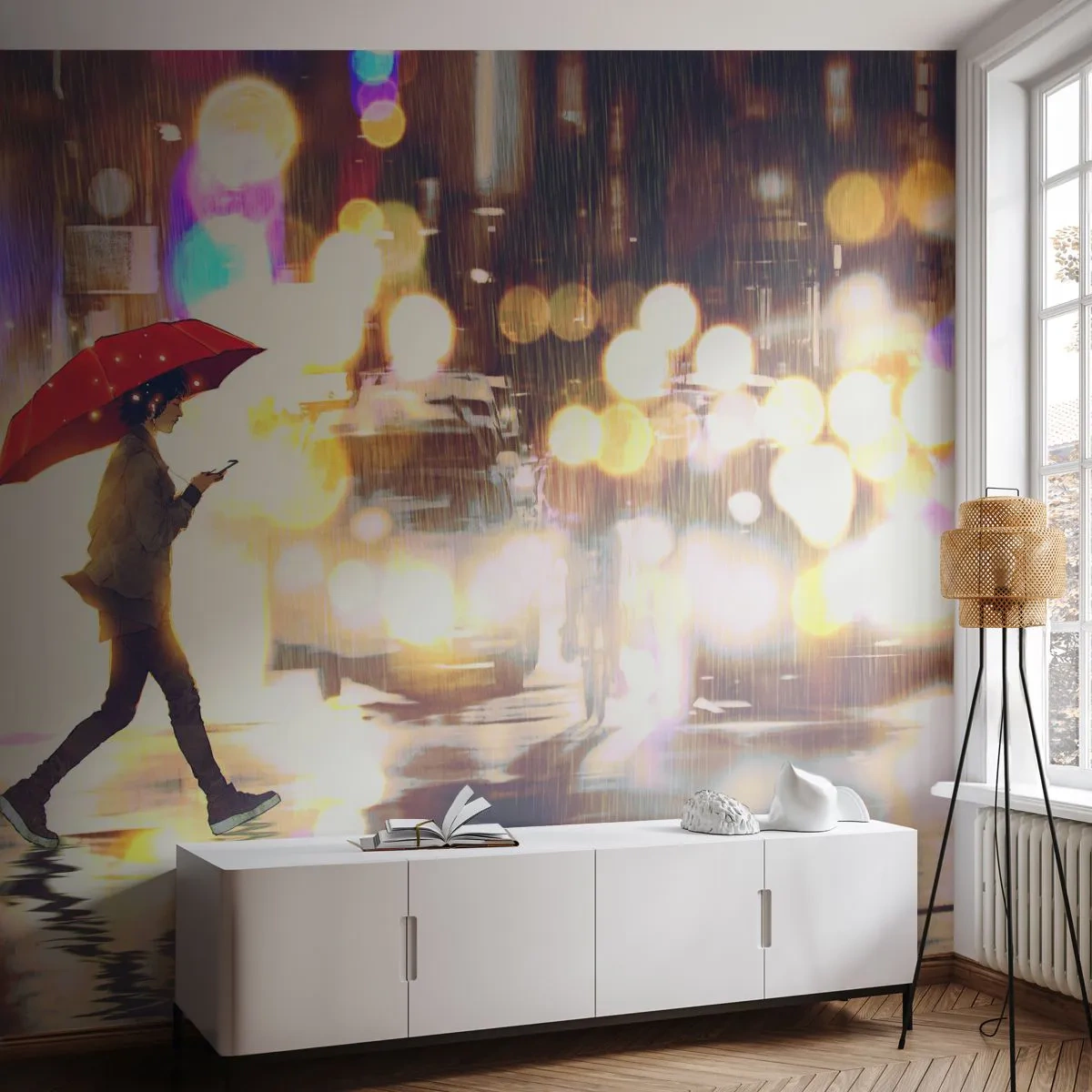 Self-Adhesive Photo Wallpaper Deluxe Sticker - It Is Sunny Afterall - City, Walk in the rain, Umbrella - 300x210 cm