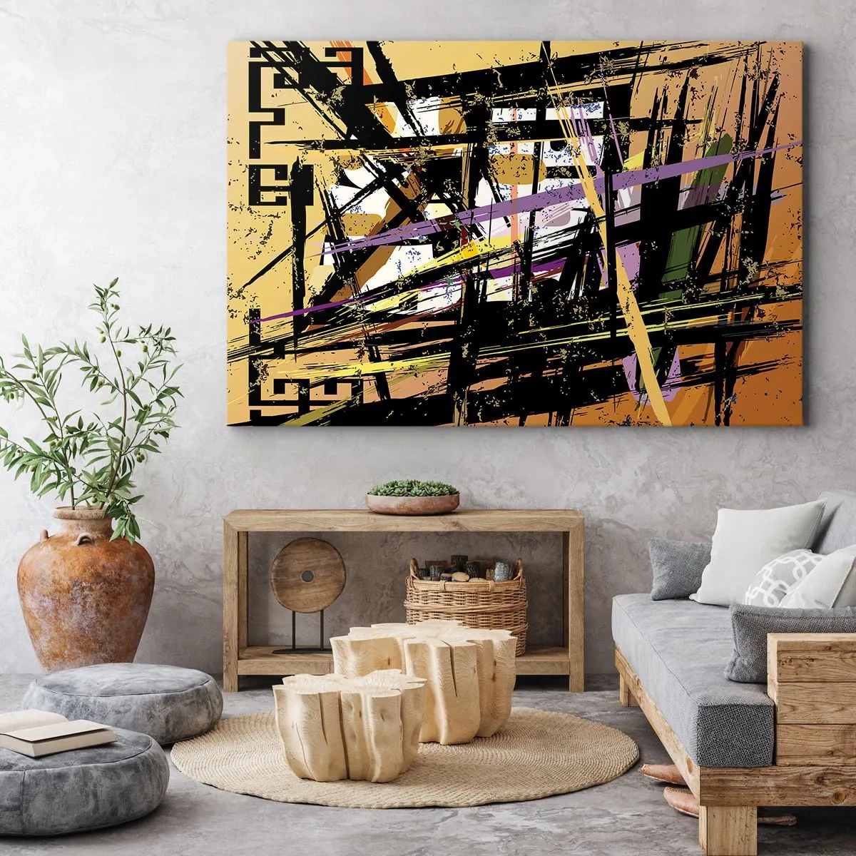Canvas picture - Abstract lines and shapes on a beige background - 70x50cm - Sharp Cuts - Modern wall decoration for the living room and bedroom ARTTOR