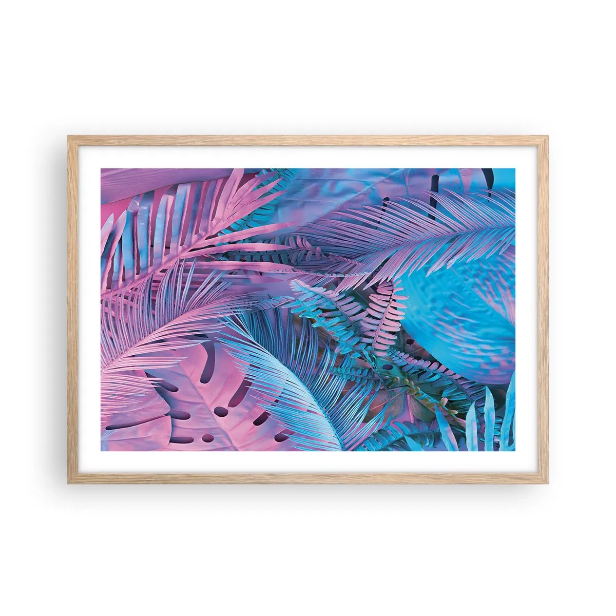 Poster in light oak frame - Tropics in Pink and Blue - 70x50 cm