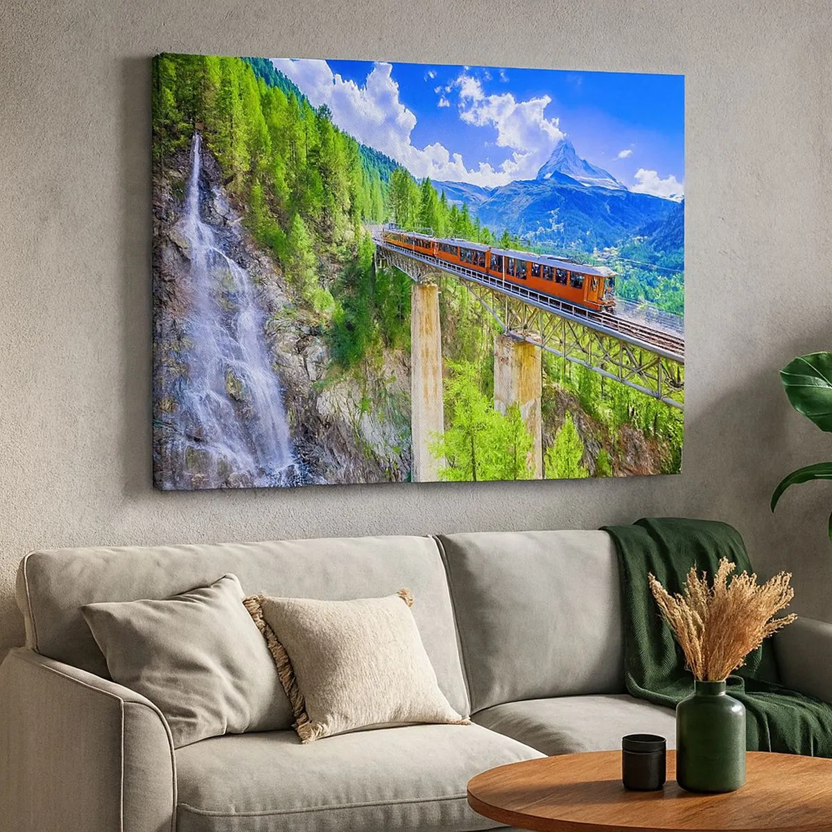 Canvas picture - A roller coaster on a bridge with a view of a waterfall and mountains - 70x50cm - Train Through the Alps - Modern wall decoration for the living room and bedroom ARTTOR
