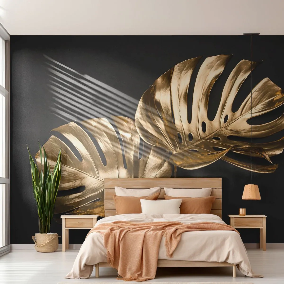 Photo Wallpaper Premium Canvas - Tresaures of Nature - Abstraction, Golden Leaves, Monstera leaf - 250x175 cm
