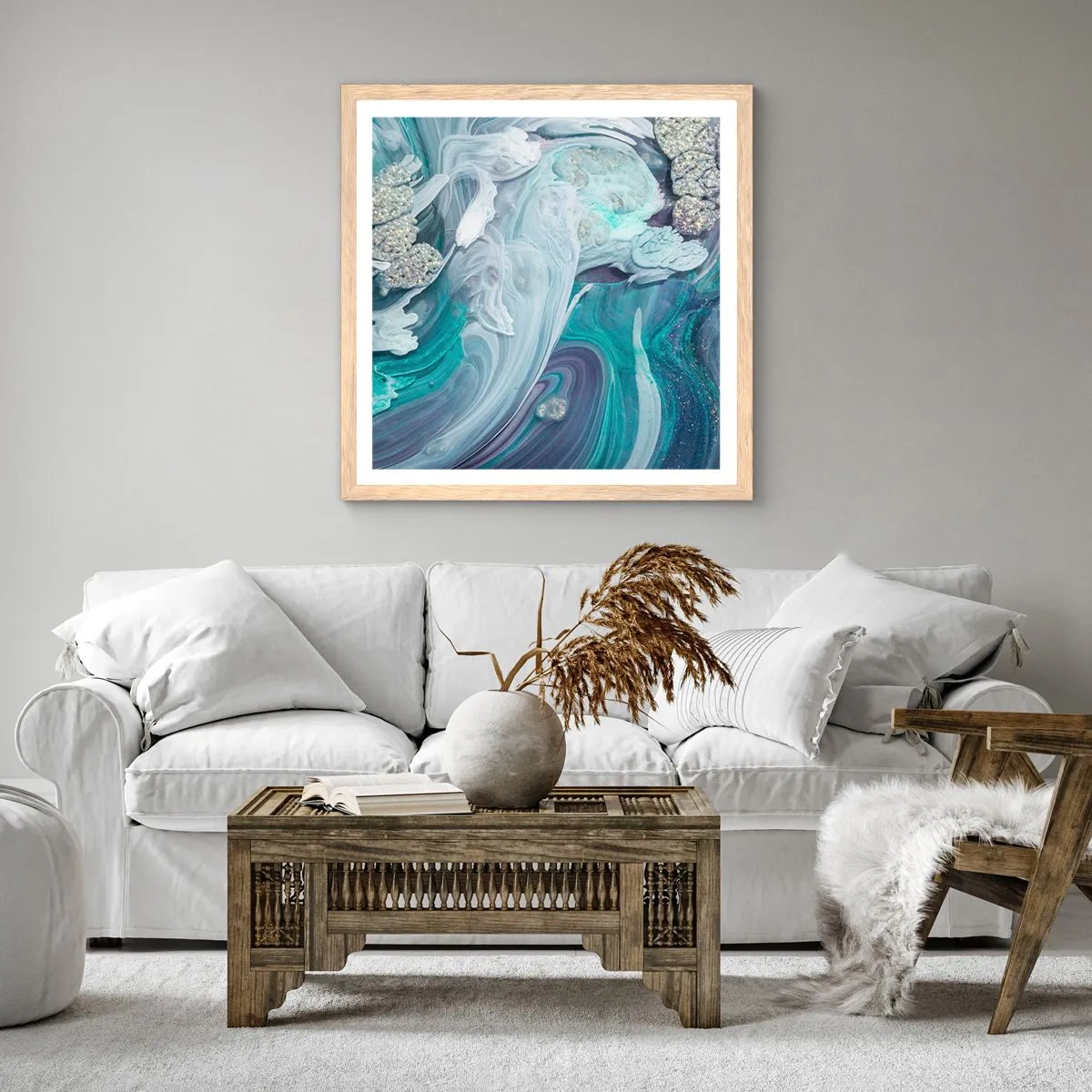 Poster in light oak frame - Currents of Blue - 50x50 cm