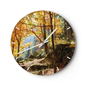 Wall clock - Clock on glass - Autumn forest with sun rays - 30x30cm - Time for Rest - Modern wall decoration for the living room, kitchen, and bedroom ARTTOR